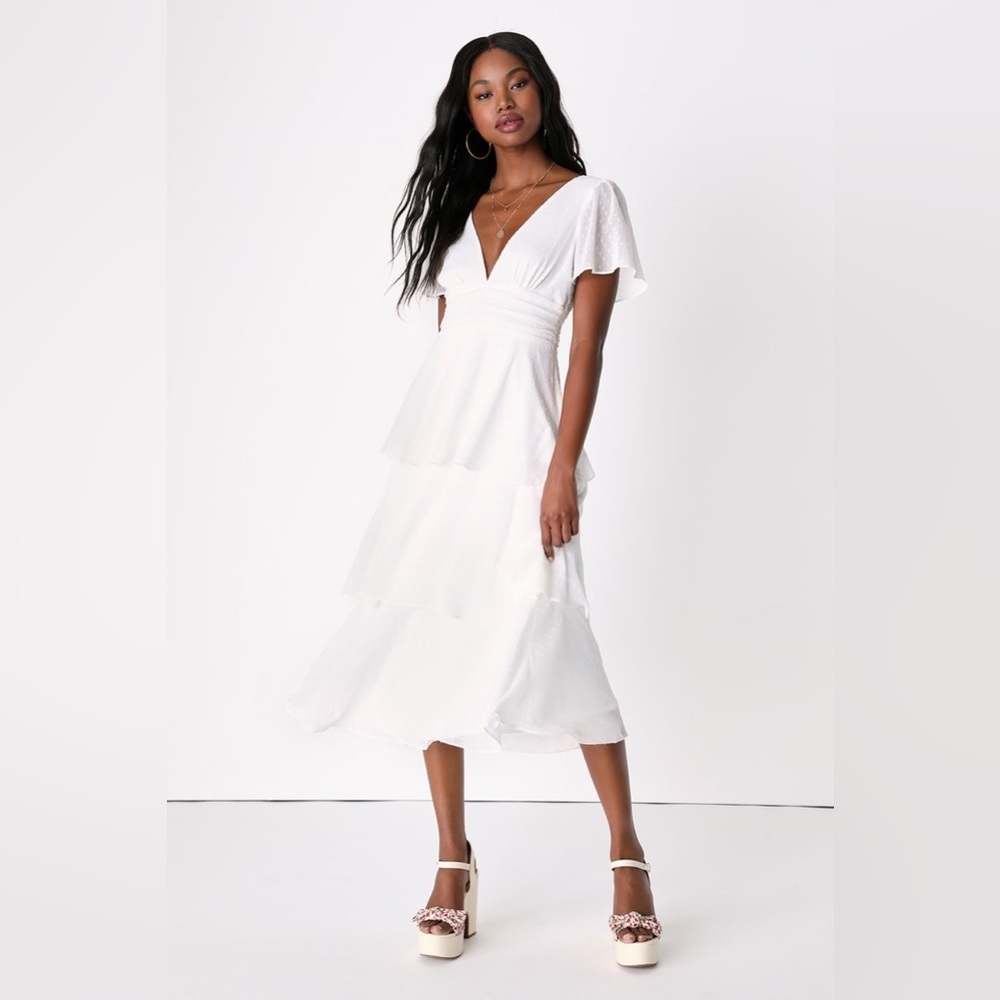 Lulus Bound for Romance White Clip Dot Tiered Midi Dress medium bridal rehearsal